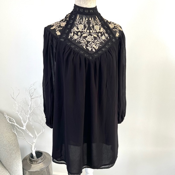 River Island black embroidered smock mini dress festival boho hippy Ibiza sz 8 - Picture 2 of 15